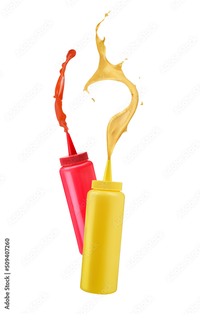 Mustard and ketchup on white background