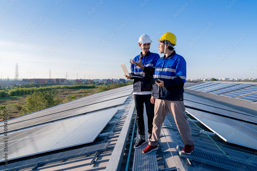 Specialist technician professional engineer with laptop and tablet maintenance checking installing s