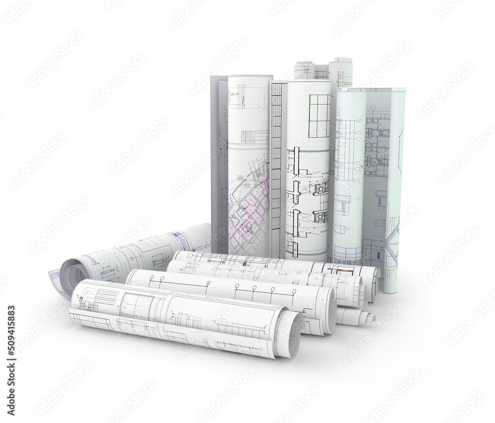 blueprins and construction plans in rolls isolated on white 3d illustrations