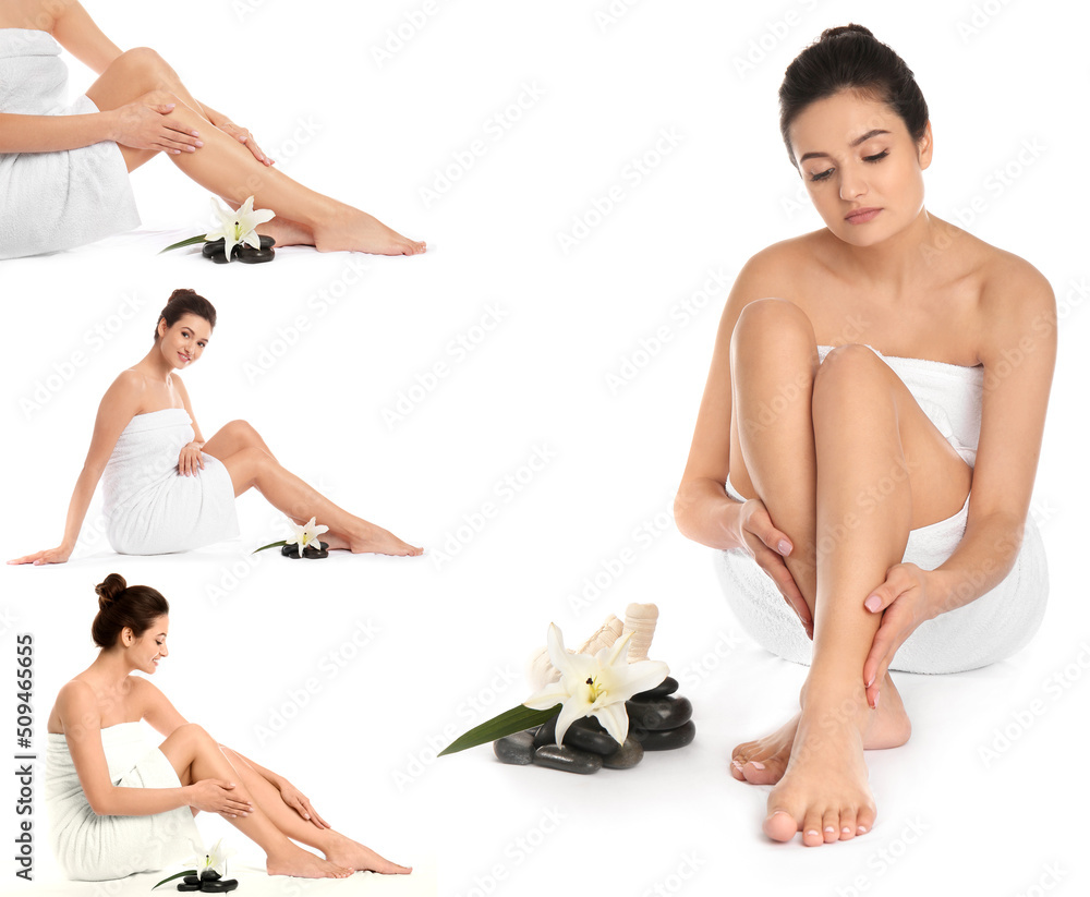 Set of pretty woman with spa stones and flowers isolated on white