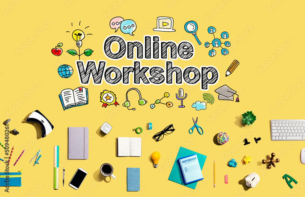 Online workshop with collection of electronic gadgets and office supplies