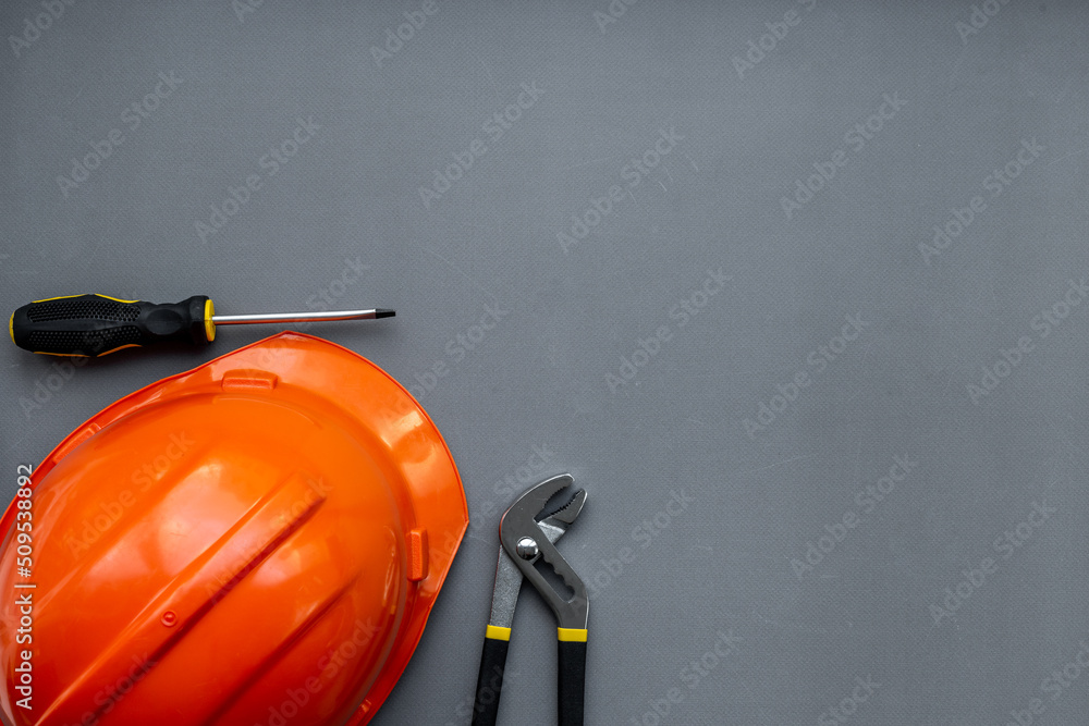 Tools with engineer safety construction helmet top view