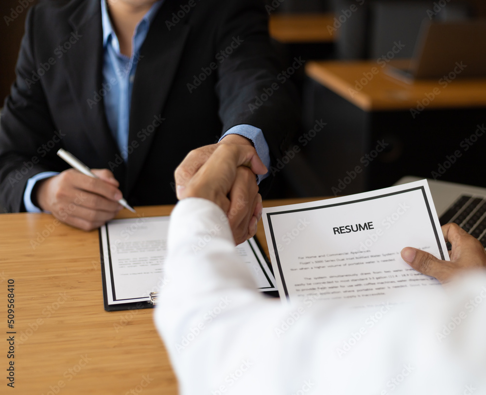 Good deal. Business, career and placement concept - employer in office shaking hand of employee afte