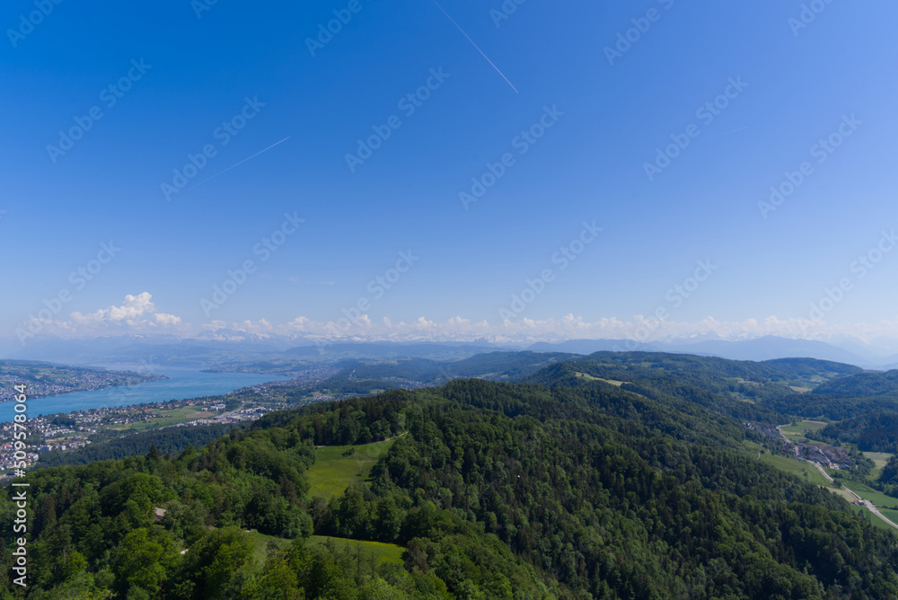 Aerial view of Lake Zürich and Canton Zürich with the Swiss Alps in the background seen from local m