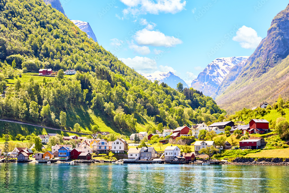 Village Undredal near Flam (Flåm), Aurlandsfjord narrow arm of the Sognefjord, Norway