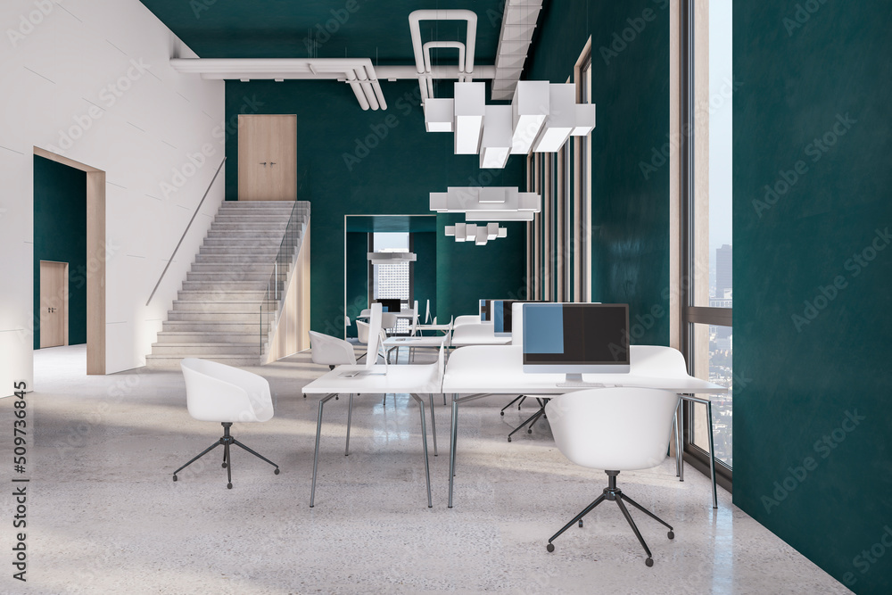 Contemporary concrete coworking office interior with city view, stairs, furniture and equipment. 3D 