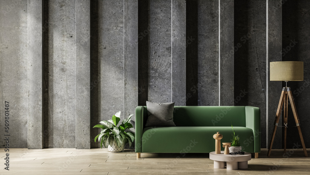 Loft style house with green sofa and accessories in the concrete room.