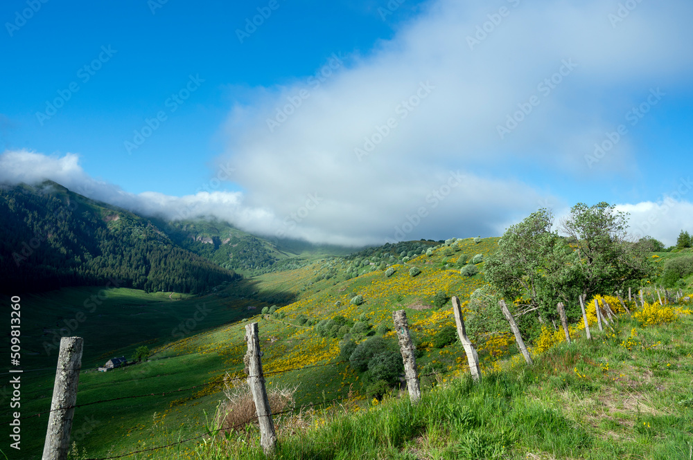 Paysage des Monts du Cantal au printemps dans le Parc Régional Naturel des Volcans dAuvergne en Fra