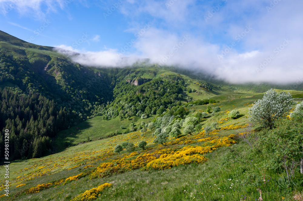 Paysage des Monts du Cantal au printemps dans le Parc Régional Naturel des Volcans dAuvergne en Fra