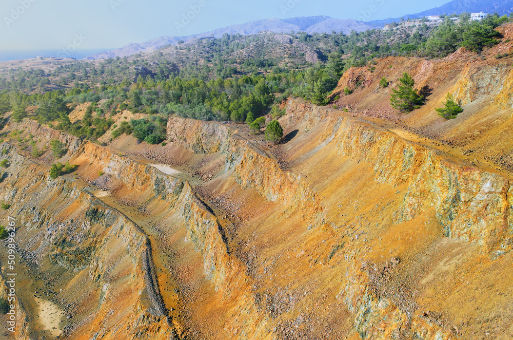 Reforestation of former open pit mine area. Pine trees growing on stepped wall of abandoned sulfides