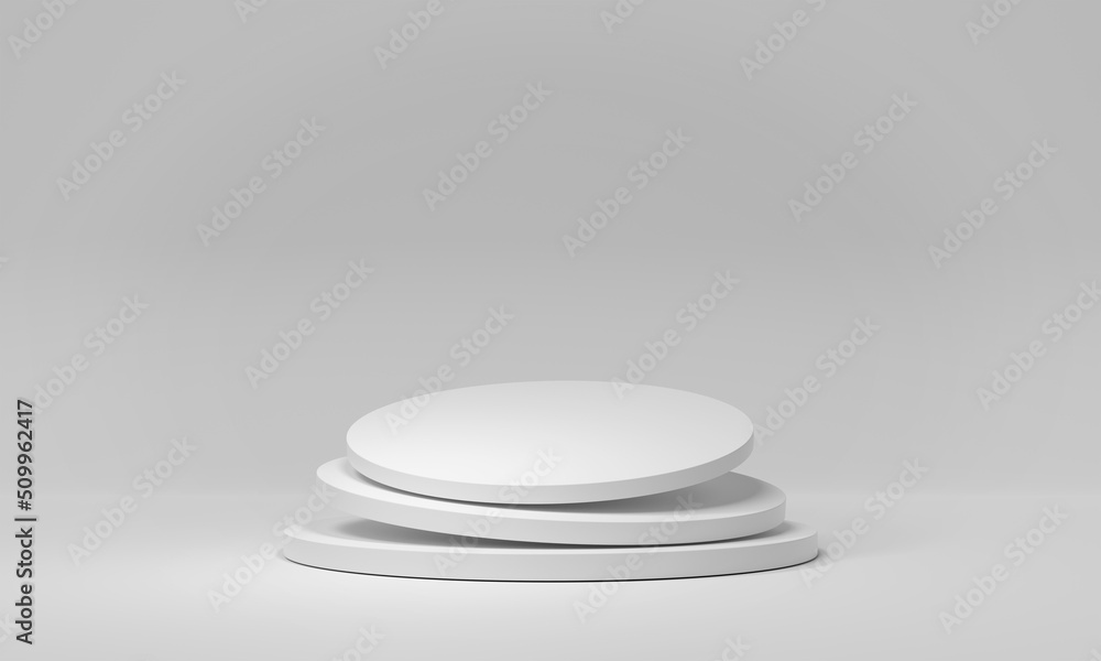 White stage podium background. Mockup of empty circular platform on white. Abstract geometric pedest