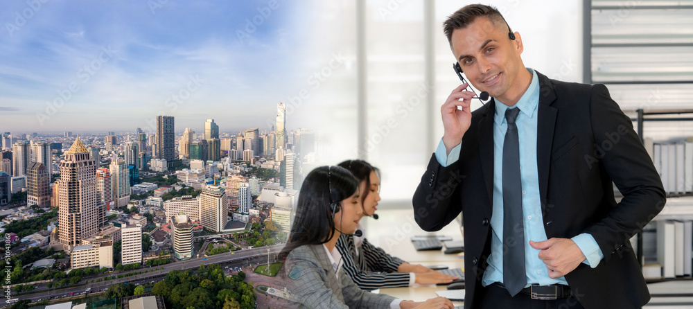 Business people wearing headset working in office to support remote customer or colleague. Call cent