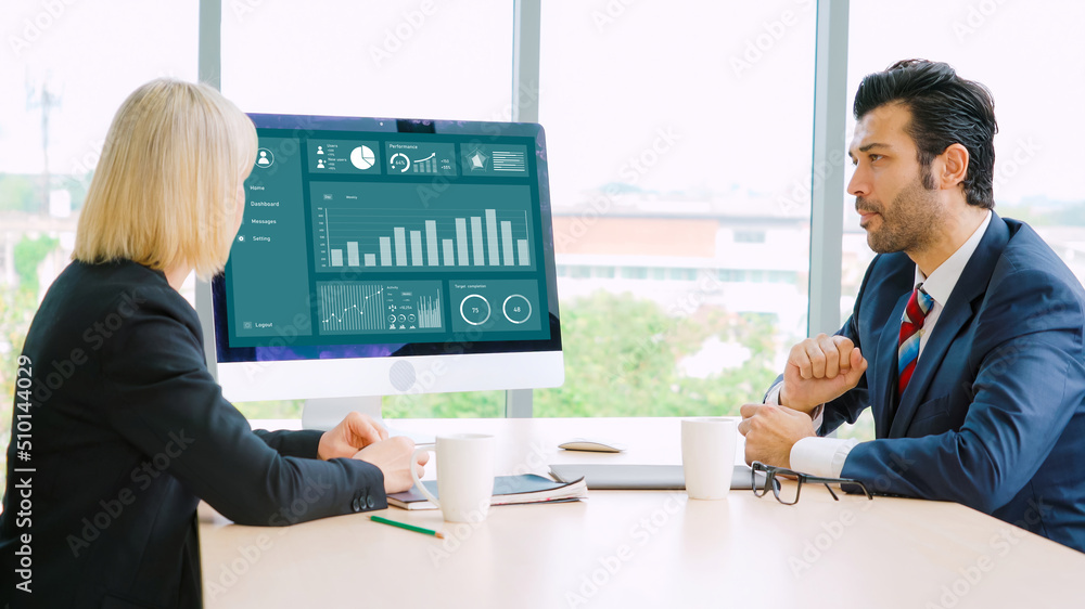 Business data dashboard analysis by ingenious computer software . Investment application display bus