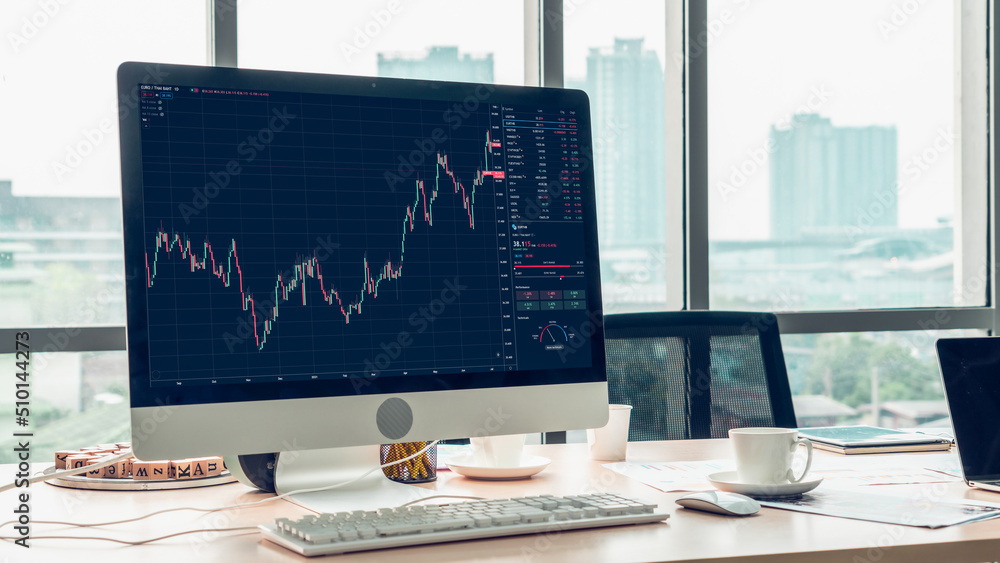 Stock market data chart analysis by ingenious computer software . Investment application display sto