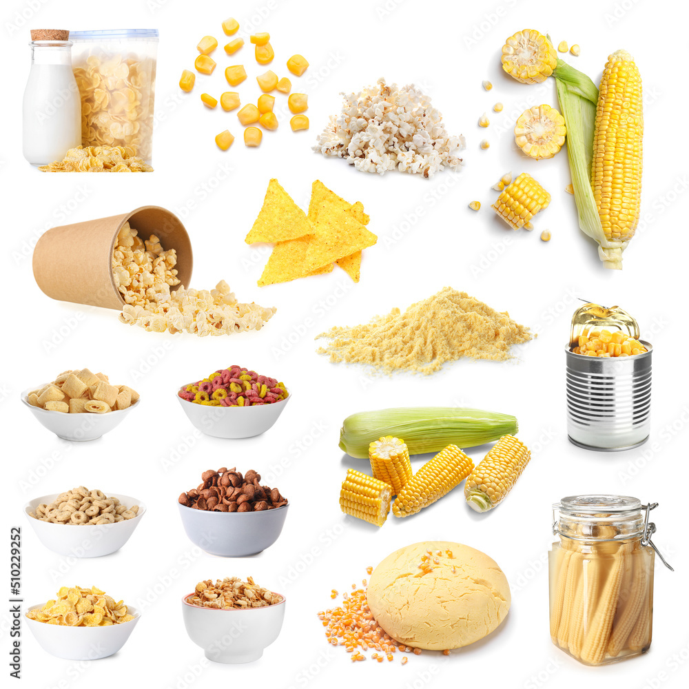 Set of tasty products from corn on white background