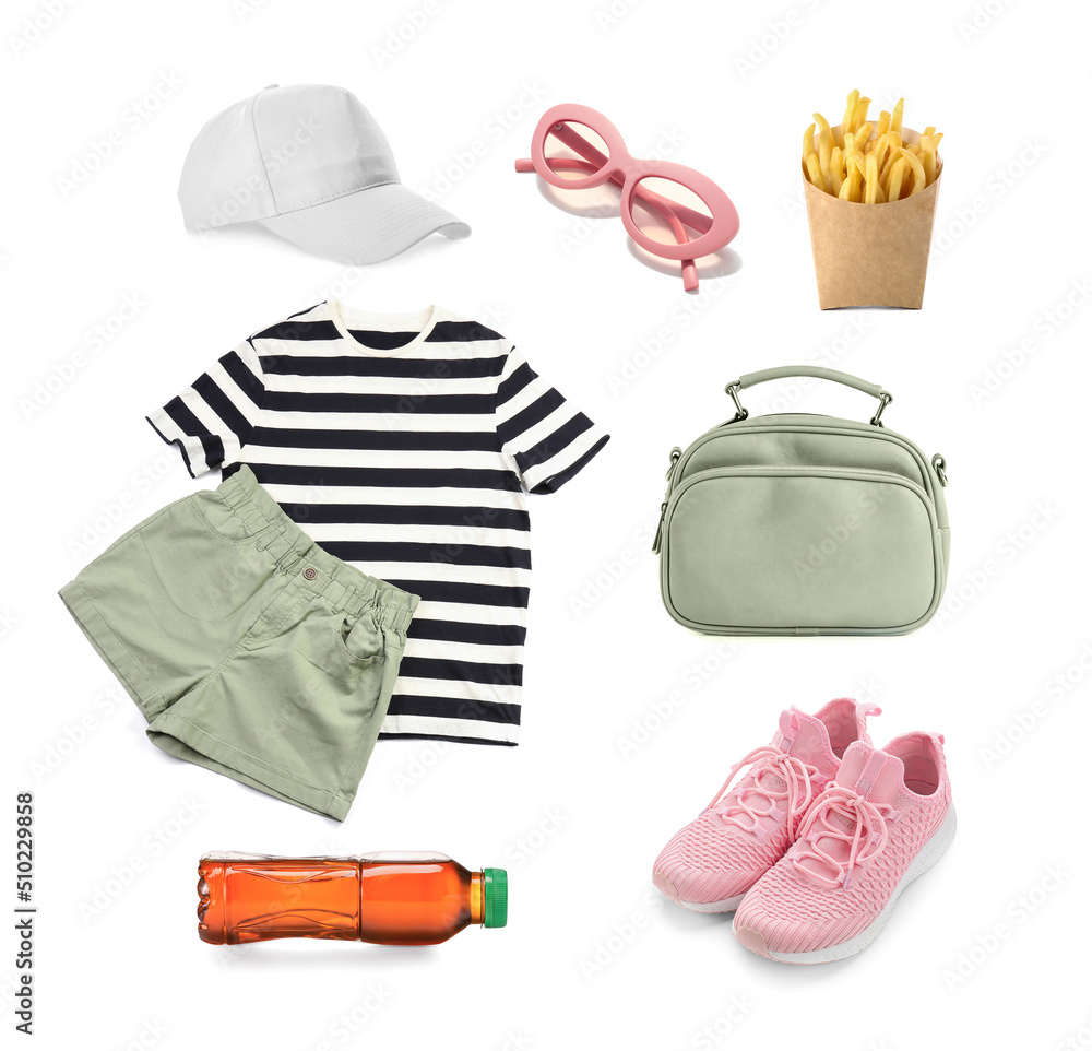 Set of stylish clothes and accessories with cold cocktail and french fries on white background. Hell