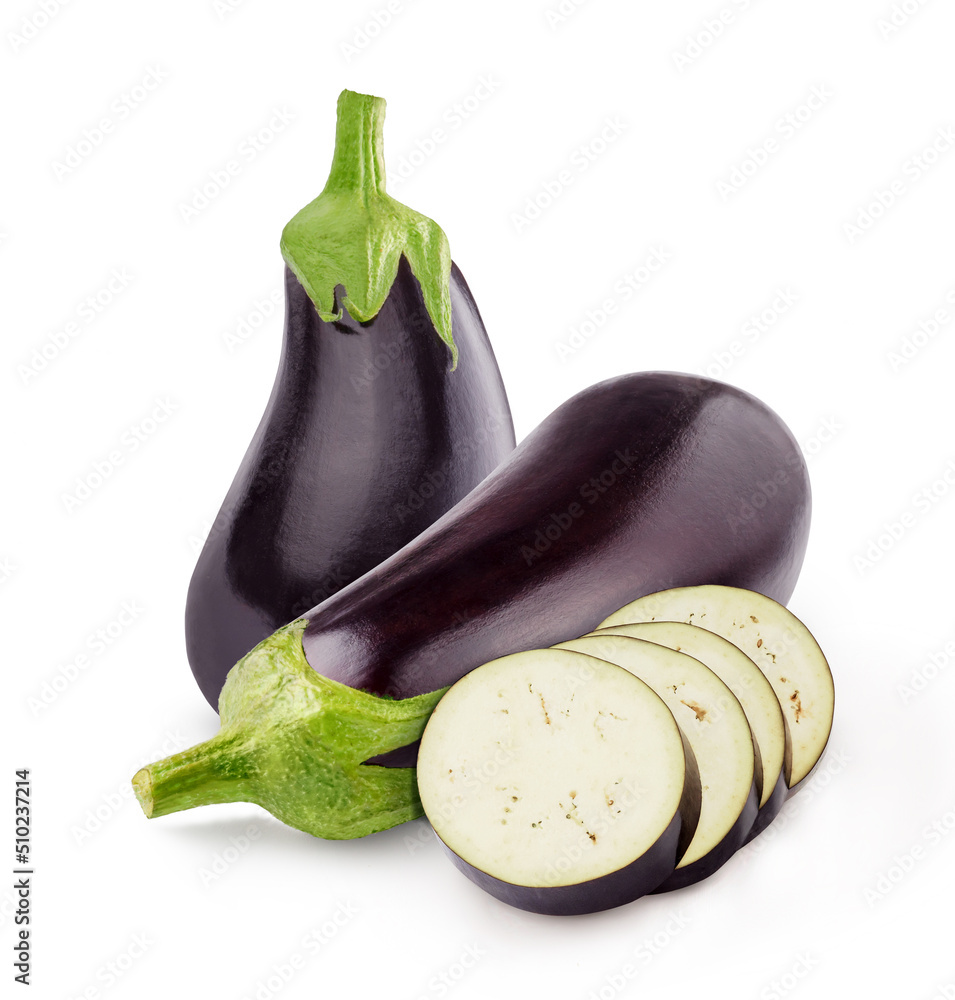 Eggplant sliced isolated. Eggplant with slices on white background.