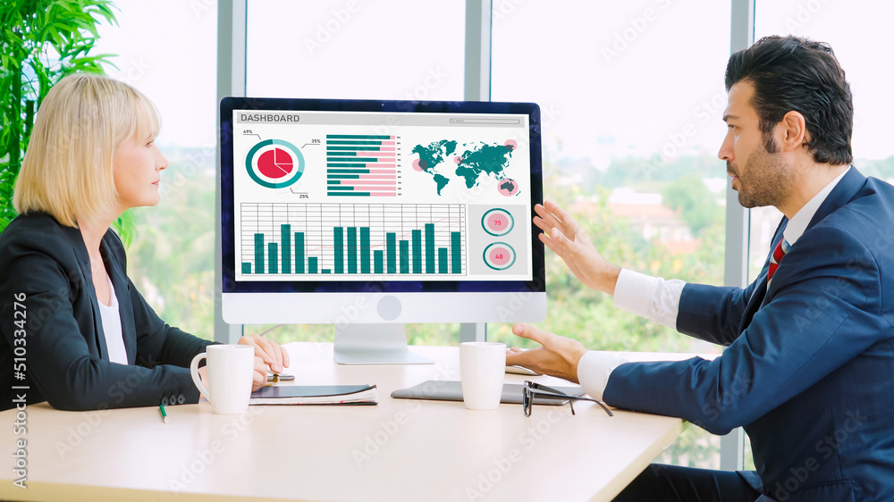 Business data dashboard analysis by ingenious computer software . Investment application display bus