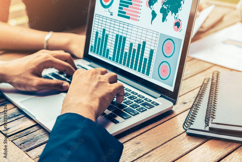 Business data dashboard analysis by ingenious computer software . Investment application display bus