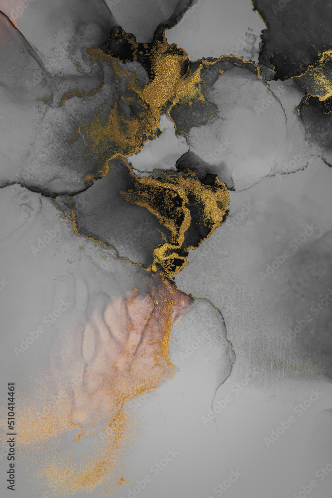 Dark gold abstract background of marble liquid ink art painting on paper . Image of original artwork