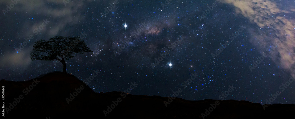 银河系和恒星。全景蓝色夜空，银河系和黑暗背景下的恒星。宇宙充满了wi