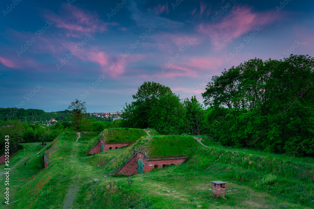 Old fortifications in Gdansk city at sunset, Poland