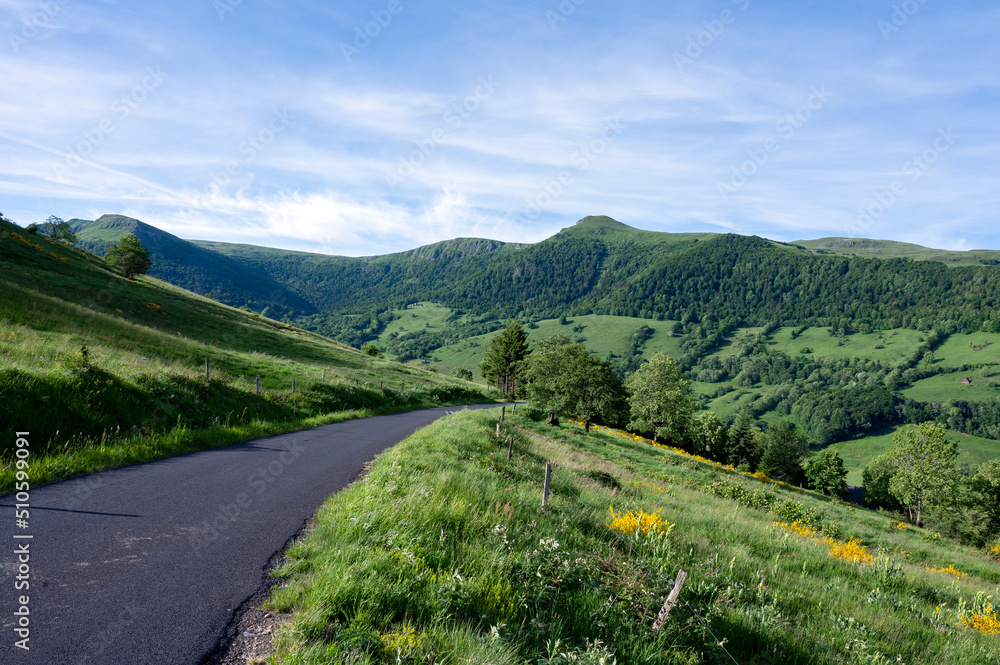 Paysage des Monts du Cantal au printemps en France dans la vallée de La Maronne