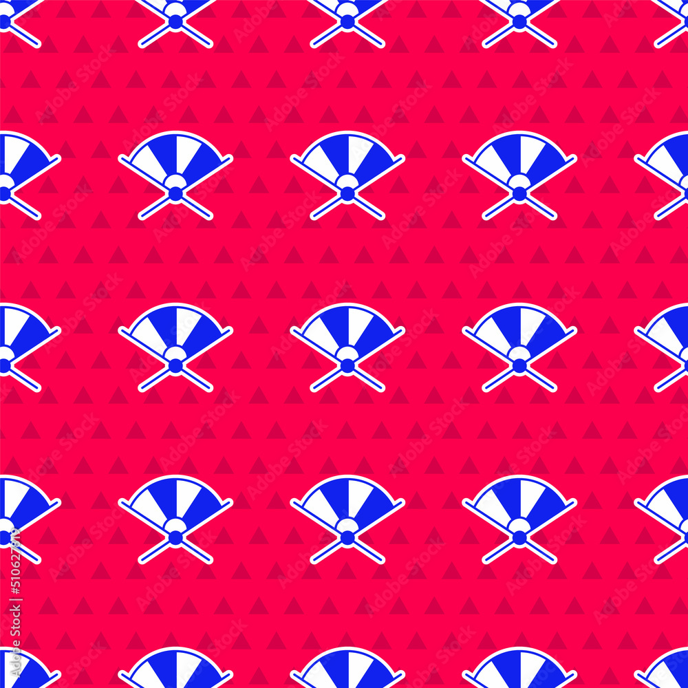 Blue Traditional paper chinese or japanese folding fan icon isolated seamless pattern on red backgro