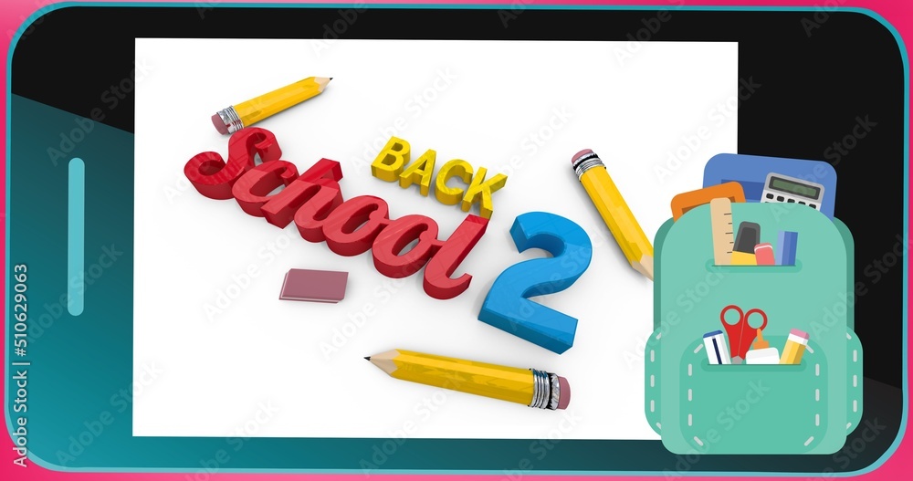 Illustration of white paper with pencils, eraser and back 2 school text and backpack with stationery