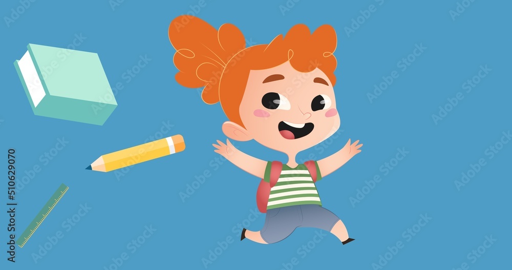 Illustrative image of book, pencil, ruler and schoolgirl dancing against blue background