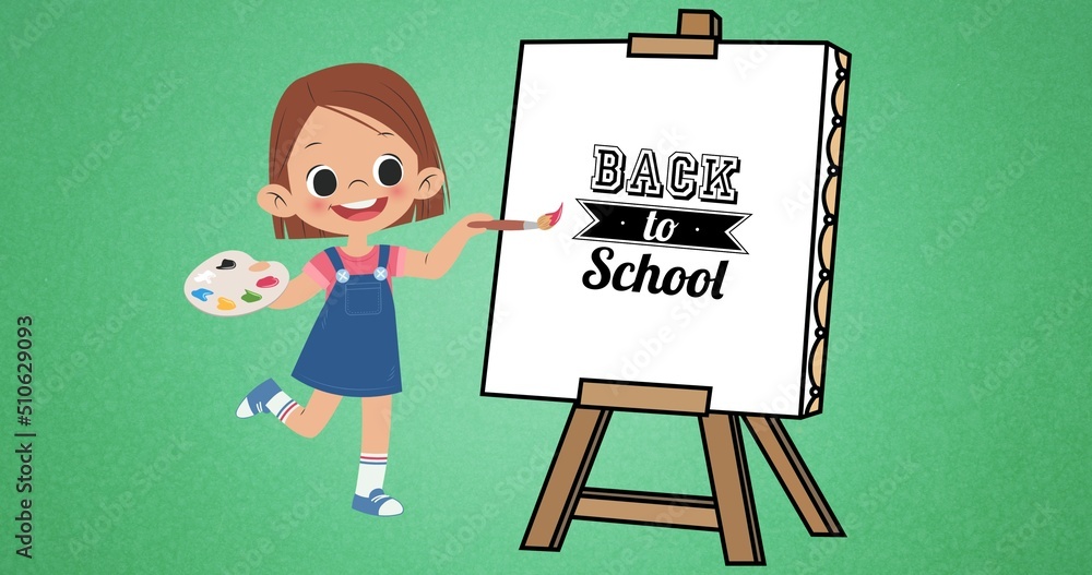 Illustration of girl holding palette painting back to school text on canvas against green background