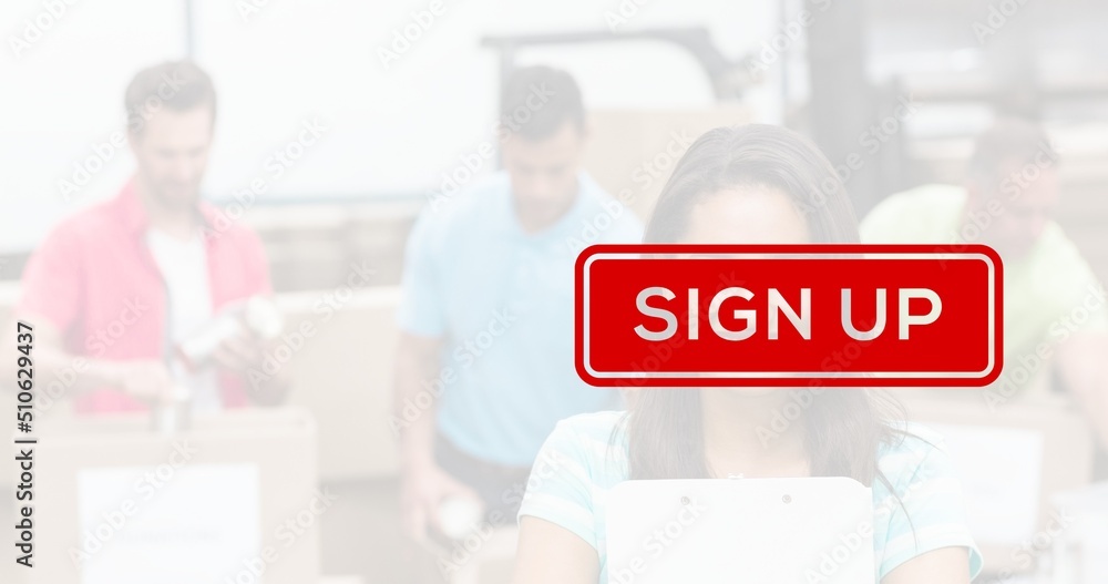 Composite of caucasian young volunteers working at donation camp and red sign up sign