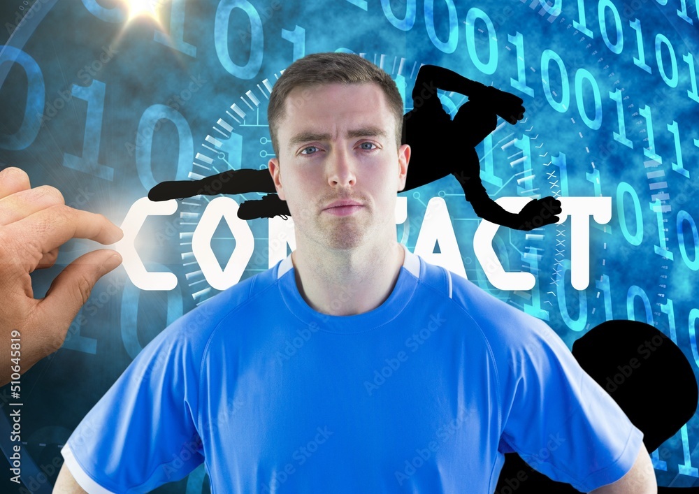 Caucasian male athlete against silhouette of goalkeeper and binary coding on blue background