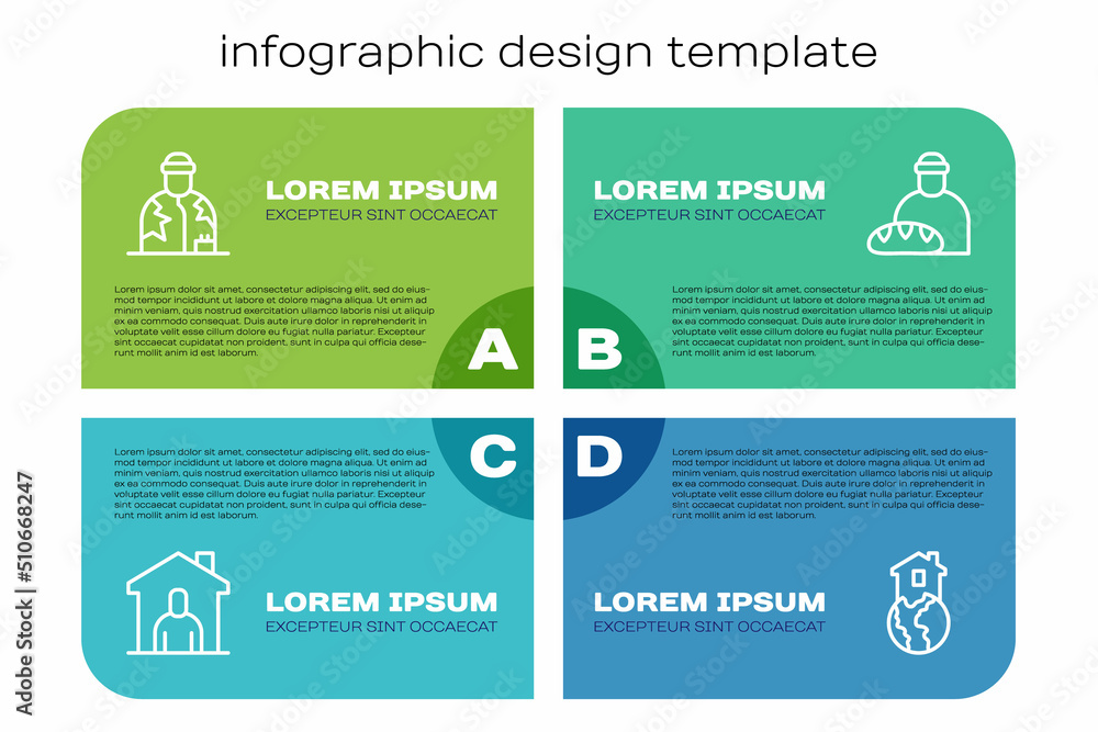 Set line Shelter for homeless, Homeless, and Feeding the. Business infographic template. Vector