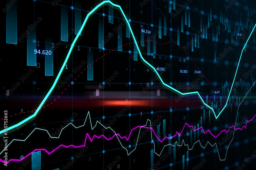 Abstract glowing forex graph on dark backdrop with candlestick. Invest, trade and broker concept. 3D