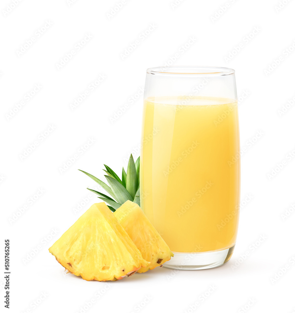 Pineapple juice with pineapple slices isolated on white background.