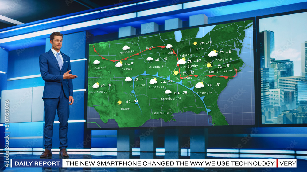 TV Weather Forecast Program: Professional Television Host Reviewing Weather Report in Newsroom Studi