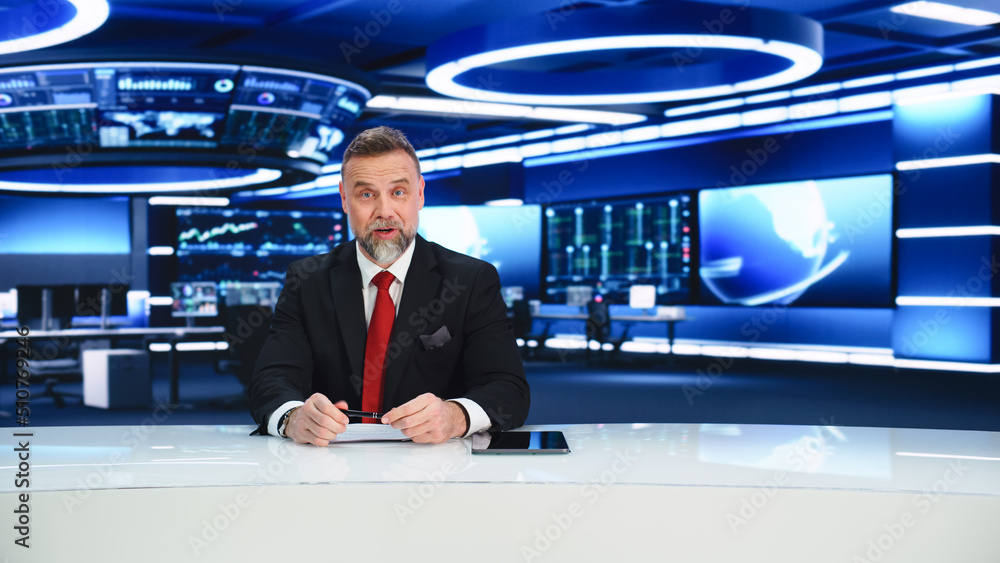 TV Live News Program: Charismatic White Male Presenter Reporting. Television Cable Channel Anchorman