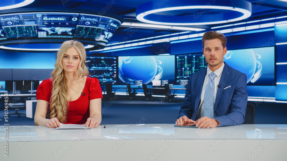 TV Live News Program: Two Presenters Reporting, Discuss Daily Events, Business, Economy, Science, En