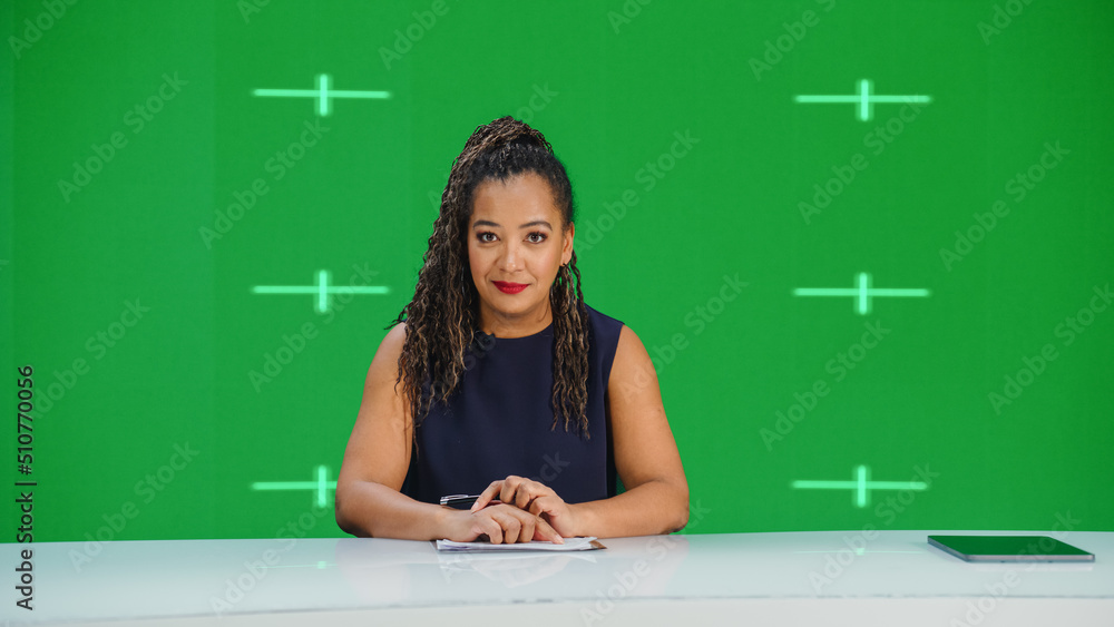 Newsroom TV Studio Live News Program with Green Screen Background: Female Presenter Reporting, Talki