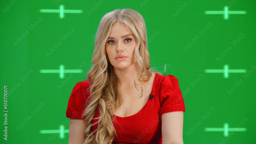 Newsroom TV Studio Live News Program with Green Screen Background: Female Presenter Reporting, Talki