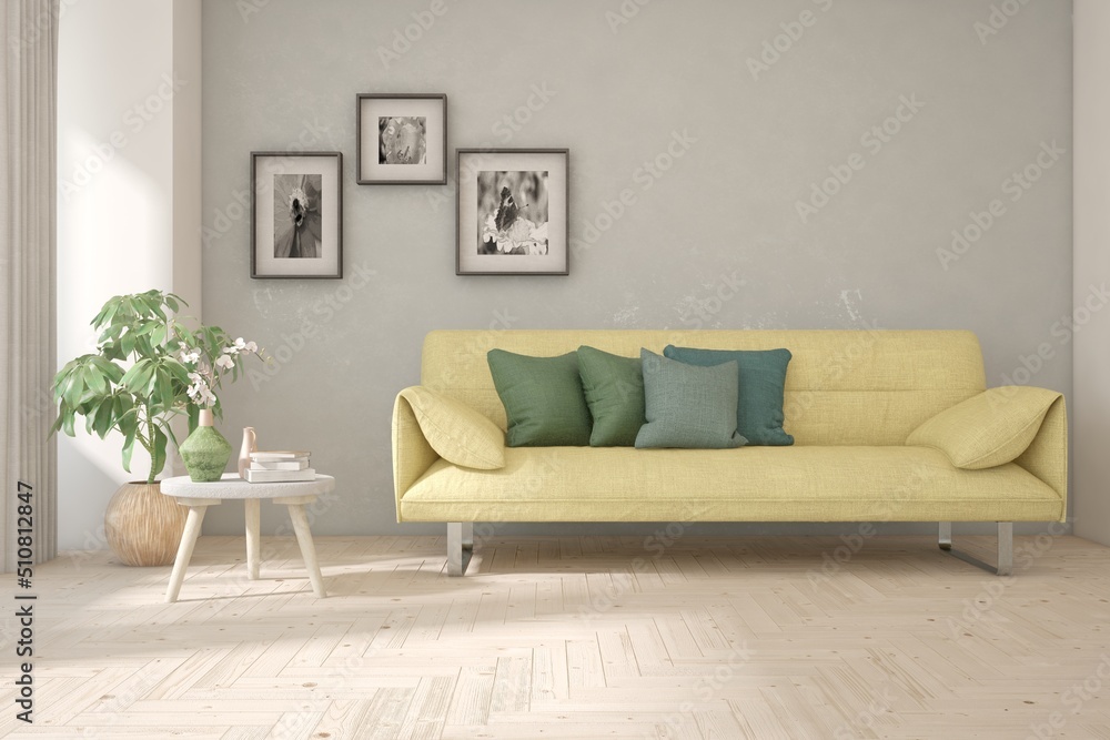 Modern living room in white color with sofa. Scandinavian interior design. 3D illustration