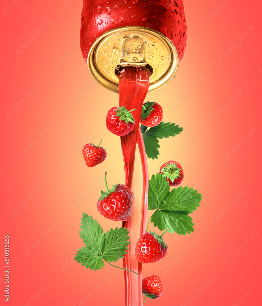 Red drink pours from a metal bottle with strawberries and leaves