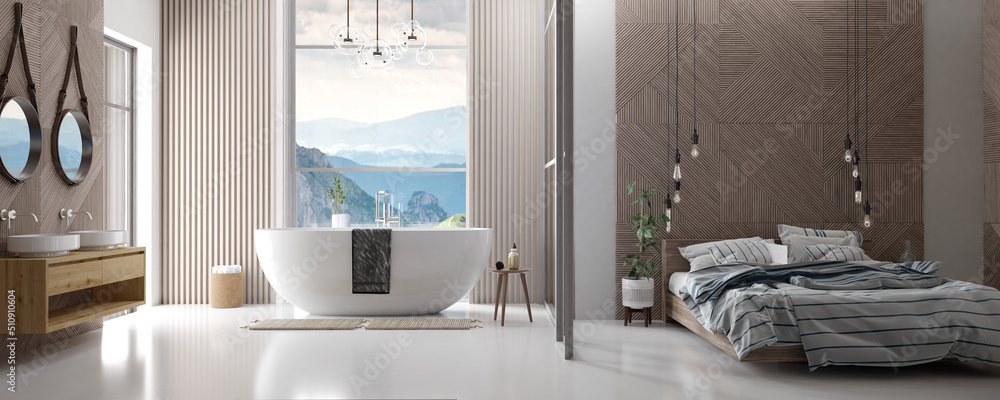 Modern bathroom interior with wooden decor in eco style. 3D Render	