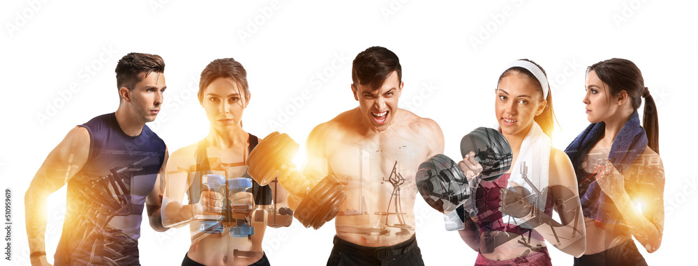 Double exposure of sporty people and modern gym on white background