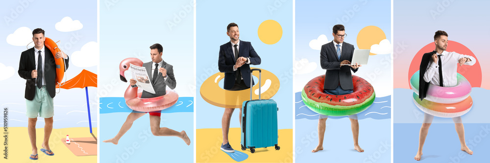 Collage with set of funny businessmen waiting for their vacation