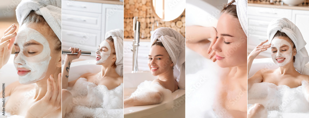 Collage with beautiful young woman taking bath