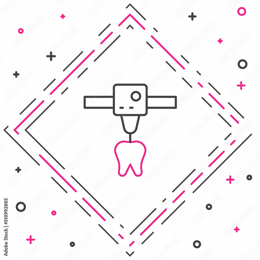 线条3D打印机牙齿图标隔离在白色背景上。3D打印。彩色轮廓概念。Vect