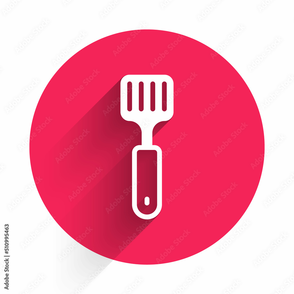 White Spatula icon isolated with long shadow background. Kitchen spatula icon. BBQ spatula sign. Bar