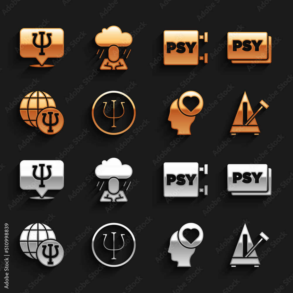 Set Psychology, Psi, Metronome with pendulum, Broken heart or divorce, and Depression icon. Vector